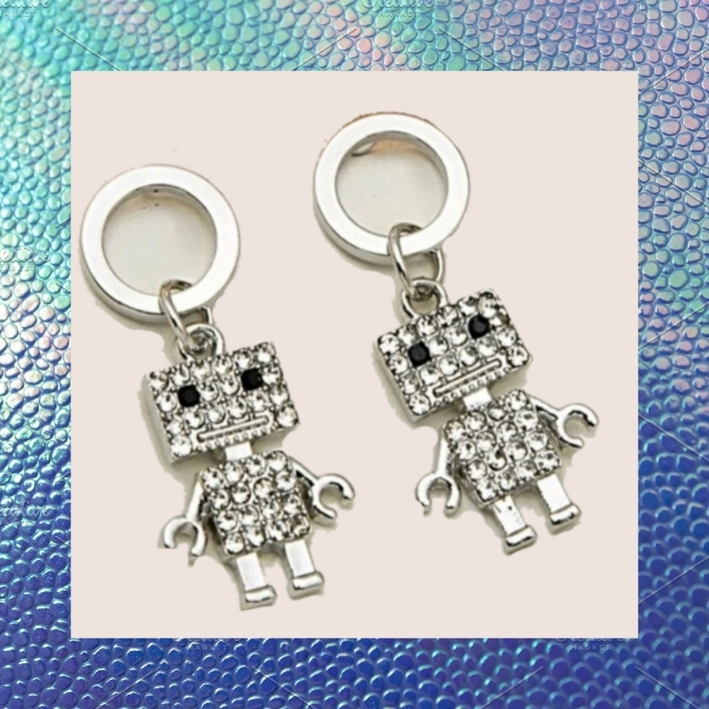 Robot Rhinestone Studded Drop Earrings  Silver Bling Womens Jewelry